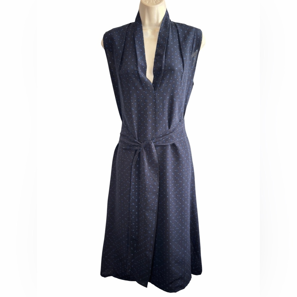 Vince Blue Silk Polka Dot Midi Dress M Sleeveless V Neck Casual Cocktail Pockets - Picture 15 of 16